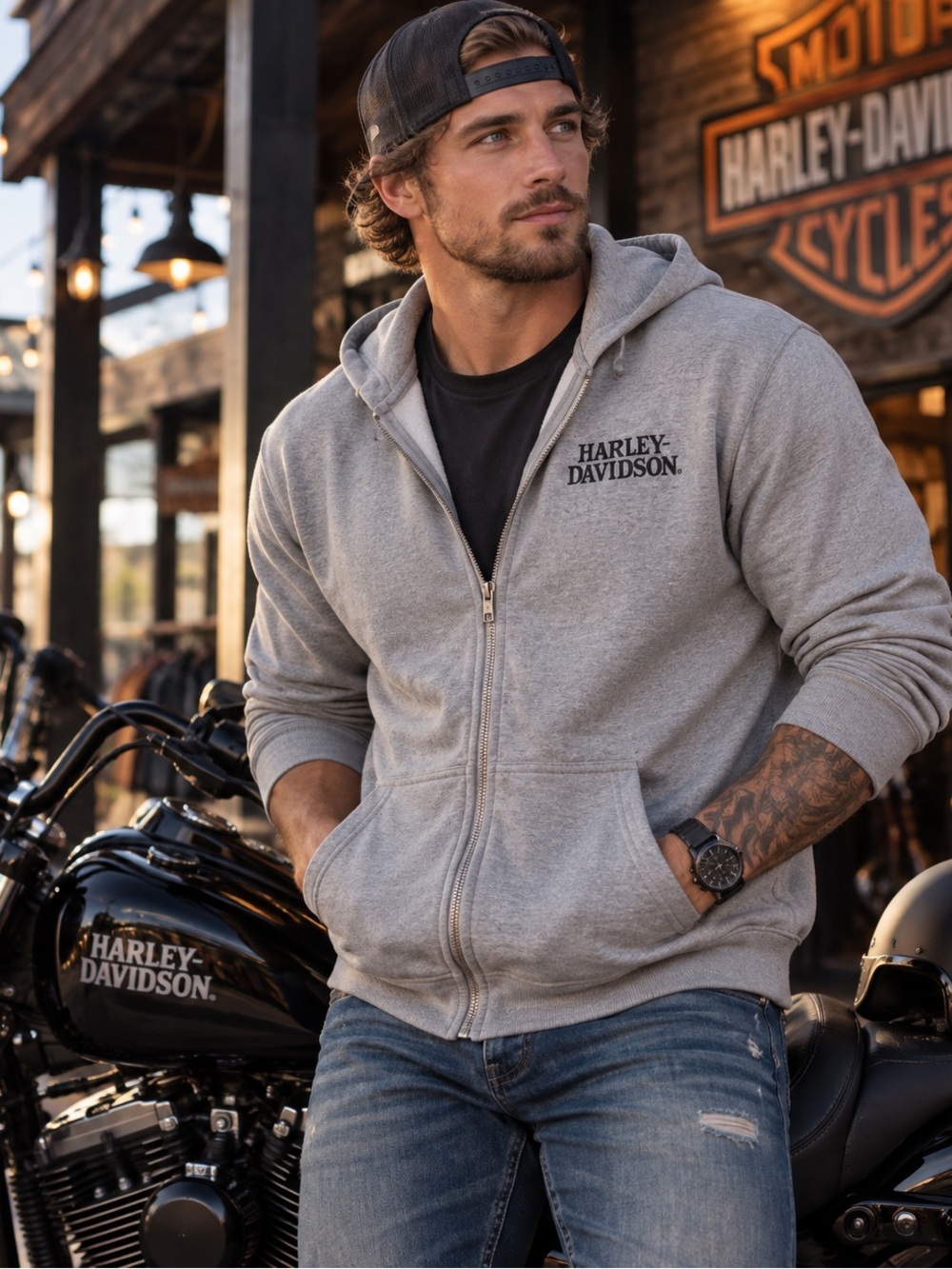 Harley-Davidson Gray Zip Up Hoodie Skull Logo Lightweight Sweatshirt S